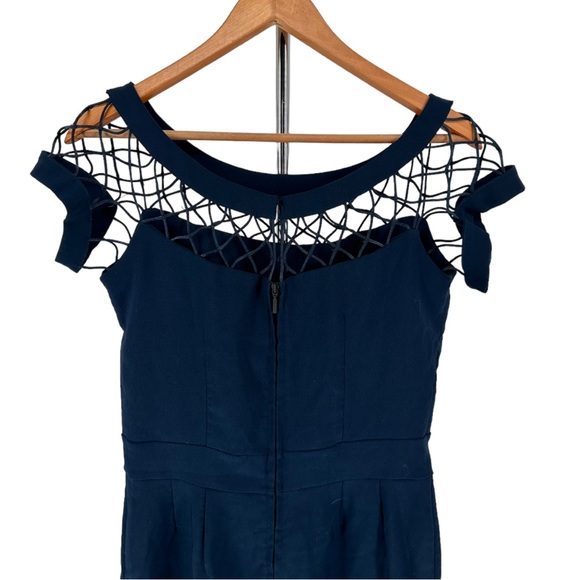Tatyana Alina Pencil Dress in Navy Bow size Large Short Sleeve Fishnet Neckline - Picture 7 of 13